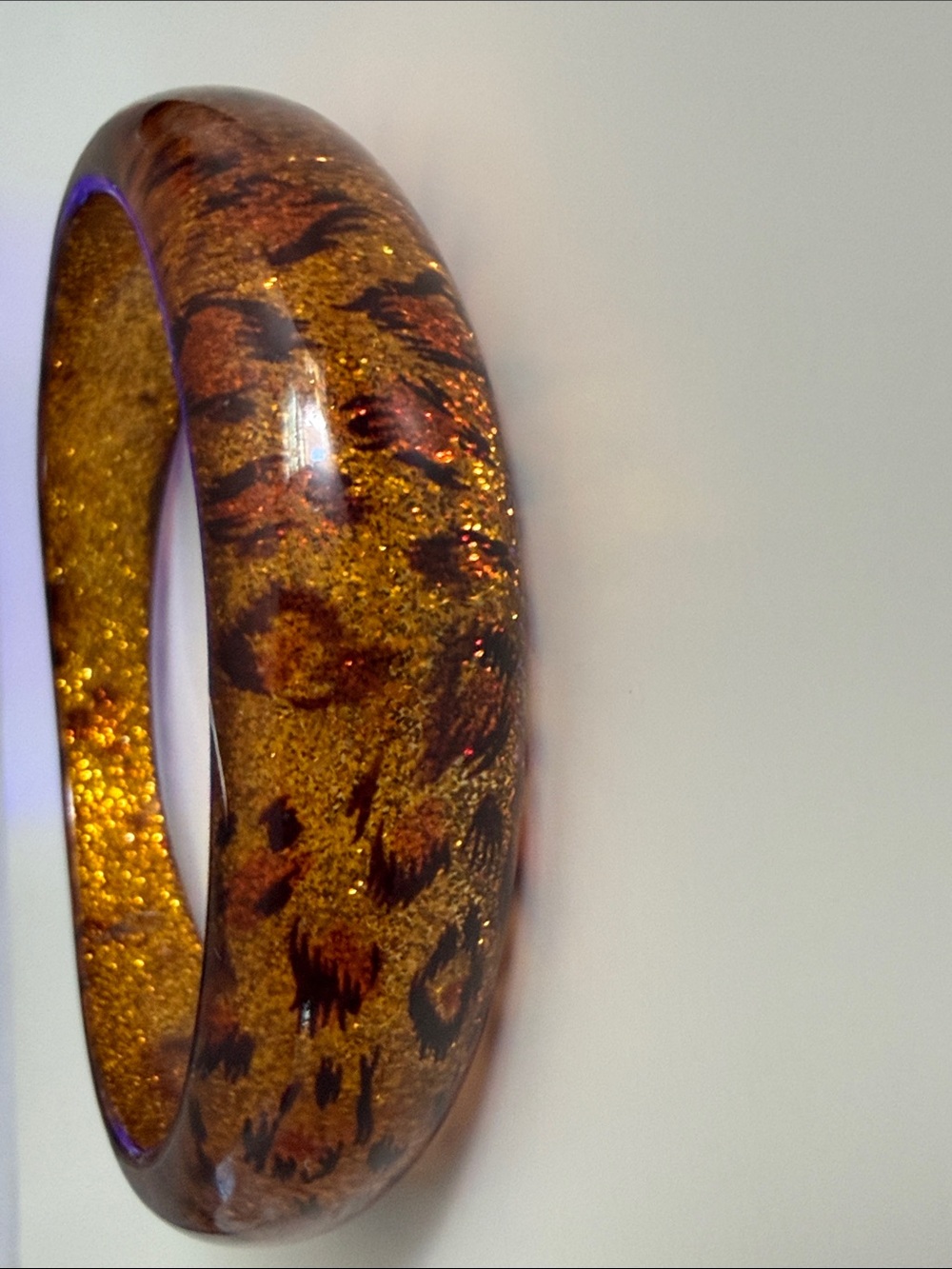 Vintage lucite acrylic bangle bracelet Brown Gold leopard print & glitter 80’s - Picture 15 of 16